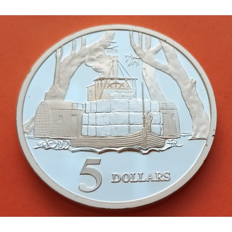 1 onza x AUSTRALIA 5 DOLARES 1997 BARCO DE VAPOR - ISABEL II KM.545 MONEDA DE PLATA PROOF River Steamboat