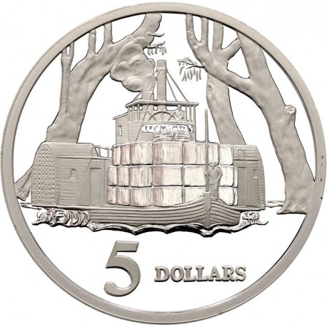 1 onza x AUSTRALIA 5 DOLARES 1997 BARCO DE VAPOR - ISABEL II KM.545 MONEDA DE PLATA PROOF River Steamboat