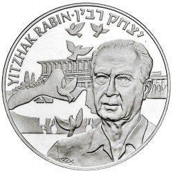 ISRAEL 50 EUROS 1997 ISAAC RABIN EX PRIMER MINISTRO BANDERAS y CORONA DE LAUREL KM.X.22 MONEDA DE PLATA PROOF silver