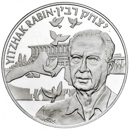 ISRAEL 50 EUROS 1997 ISAAC RABIN EX PRIMER MINISTRO BANDERAS y CORONA DE LAUREL KM.X.22 MONEDA DE PLATA PROOF silver