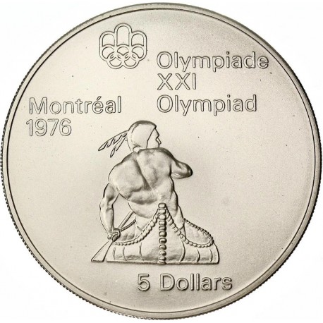 CANADA 5 DOLARES 1974 XXI OLIMPIADA DE MONTREAL 76 INDIO EN CANOA KM.92 MONEDA DE PLATA SC 0,72 ONZAS