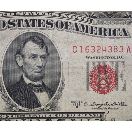 . @RED SEAL - NO MOTTO@ ESTADOS UNIDOS 5 DOLARES 1953 B ABRAHAM LINCOLN SELLO ROJO Pick 381.B BILLETE ESCASO USA $5 Dollars