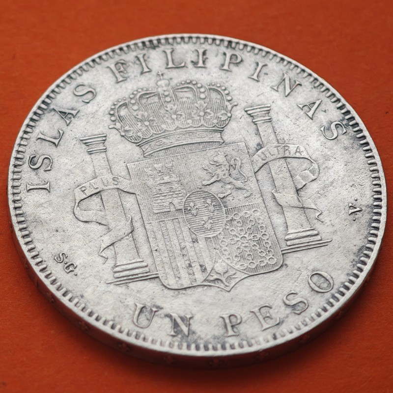 @RARA - ISLAS FILIPINAS@ ESPAÑA Rey ALFONSO XIII 1 PESO 1897 SGV KM.154 MONEDA DE PLATA (DURO) Spain silver coin 5 PESETAS 1897