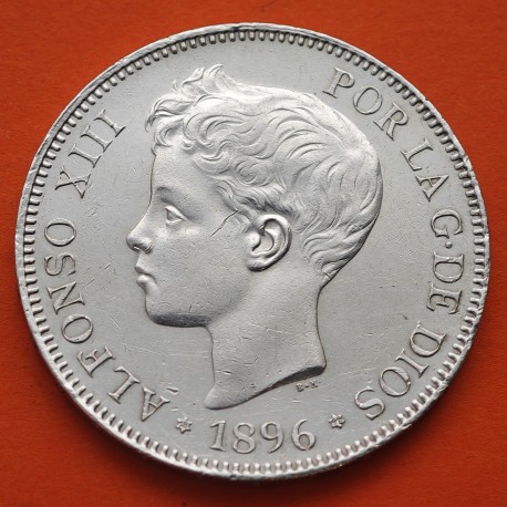 @MUY BONITA@ ESPAÑA 5 PESETAS 1896 * 18 96 PGV REY ALFONSO XIII KM.707 MONEDA DE PLATA (DURO) Spain silver R/4