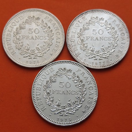 . @2,61 ONZAS DE PLATA PURA@ FRANCIA 50 FRANCOS 1974 + 1975 + 1977 HERCULES KM.941.1 EBC/SC- silver 3 MONEDAS DE PLATA