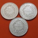 . @2,61 ONZAS DE PLATA PURA@ FRANCIA 50 FRANCOS 1974 + 1975 + 1977 HERCULES KM.941.1 EBC/SC- silver 3 MONEDAS DE PLATA