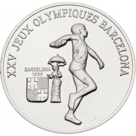 GUINEA 100 FRANCOS 1988 LANZADOR DE DISCO OLIMPIADA DE BARCELONA 92 KM.57 MONEDA DE PLATA SC Guinee silver