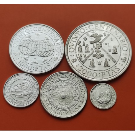. 5 monedas + CÁPSULAS x España V CENTENARIO 100+200+500+1000+2000 PESETAS 1990 PLATA FDC 2ª Serie 1,50 ONZAS NO ESTUCHE