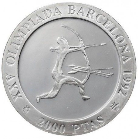 . 1 moneda + CÁPSULA x ESPAÑA 2000 PESETAS 1990 ARQUERO PREHISTÓRICO 1ª Serie OLIMPIADA BARCELONA 92 PLATA FDC 0,80 ONZAS