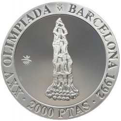 . 1 Moneda + CÁPSULA x ESPAÑA 2000 PESETAS 1990 CASTELLERS OLIMPIADA BARCELONA 1992 1ª Serie MONEDA DE PLATA FDC 0,80 ONZAS