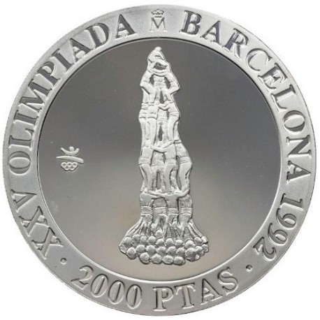 . 1 Moneda + CÁPSULA x ESPAÑA 2000 PESETAS 1990 CASTELLERS OLIMPIADA BARCELONA 1992 1ª Serie MONEDA DE PLATA FDC 0,80 ONZAS