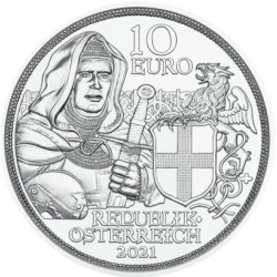 . 5ª moneda x AUSTRIA 10 EUROS 2021 CABALLERO ORDEN TEUTONICA Serie AVENTURA DE CABALLERIA PLATA SC en COINCARD BROTHERHOOD