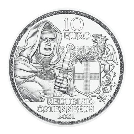 . 5ª moneda x AUSTRIA 10 EUROS 2021 CABALLERO ORDEN TEUTONICA Serie AVENTURA DE CABALLERIA PLATA SC en COINCARD BROTHERHOOD