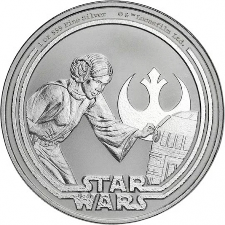 . @14/ENERO Envío@ NIUE 2 DOLARES 2025 PRINCESA LEIA y R2-D2 Robot STAR WARS MONEDA DE PLATA cápsula 1 ONZA OZ