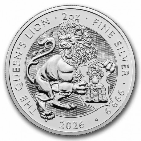 . @14/ENERO Envío@ INGLATERRA 5 LIBRAS 2026 THE QUEEN'S LION Tudor Beasts MONEDA DE PLATA 2 ONZAS Oz LEÓN 1 cápsula