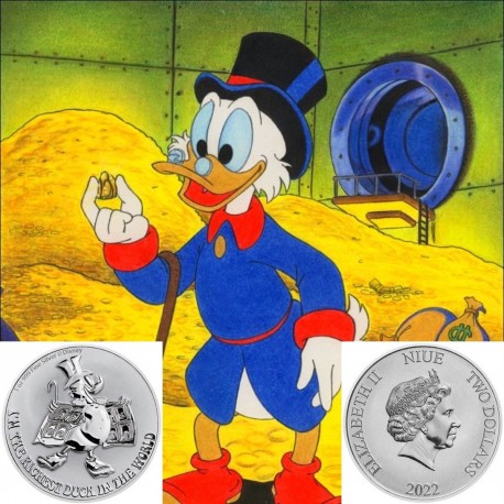 . 1 aaaaacoin NIUE 2 DOLARES 2022 EL TIO GILITO SCROOGE McDUCK Serie DISNEY MONEDA DE PLATA capsula ONZA OZ