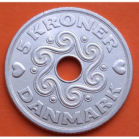 DINAMARCA 5 KRONER 1994 SIGLAS y CORONA KM.869 MONEDA DE NICKEL EBC Denmark coin