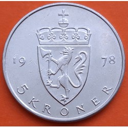 NORUEGA 5 KRONER 1978 REY OLAV V y ESCUDO CON LEÓN KM.420 MONEDA DE NICKEL SC- Norway Norge