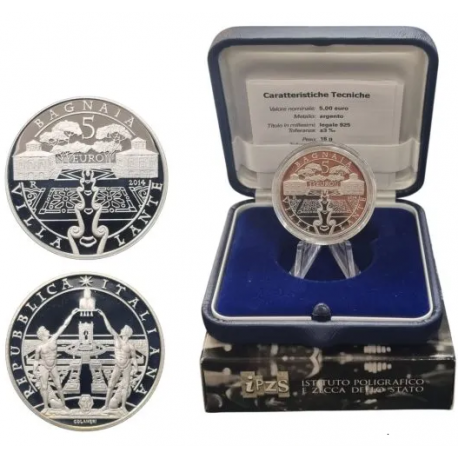 @Tirada 3.333 uds@ ITALIA 5 EUROS 2014 VILLA LANTE - BAGNAIA ESTATUAS y JARDINES MONEDA DE PLATA PROOF ESTUCHE
