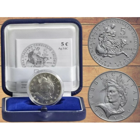 @Tirada 3.333 uds.@ ITALIA 5 EUROS 2014 EUROPA SOBRE TORO - PRESIDENZA MONEDA DE PLATA SC ESTUCHE OFICIAL