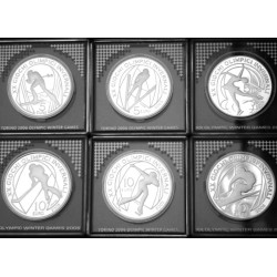 . @3,57 ONZAS@ ITALIA 5 EUROS + 10 EUROS 2005 OLIMPIADA DE INVIERNO TORINO 2006 PLATA PROOF 6 MONEDAS