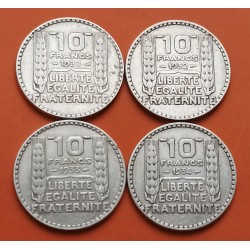 . @0,87 ONZAS@ 4 monedas x FRANCIA 10 FRANCOS 1930 + 1932 + 1933 + 1934 KM.878 PLATA France Silver 10 Francs