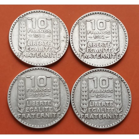 . @0,87 ONZAS@ 4 monedas x FRANCIA 10 FRANCOS 1930 + 1932 + 1933 + 1934 KM.878 PLATA France Silver 10 Francs