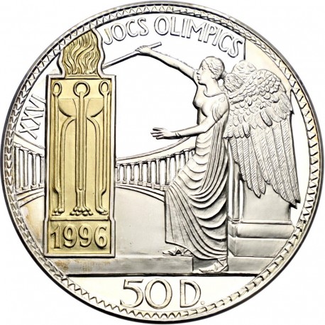 . @1 GRAMO ORO PURO + 5 ONZAS PLATA PURA@ ANDORRA 50 DINERS 1995 OLIMPIADA ATLANTA KM.115 MONEDA DE PLATA PROOF silver