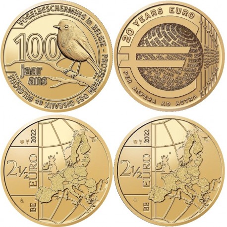 . 2 monedas x BELGICA 2,50 EUROS 2022 EUROMUNT 20 ANIVERSARIO + NATURALEZA PÁJAROS SC Belgium