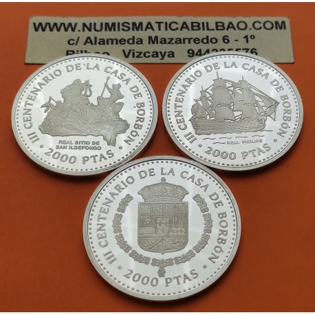 . 3 Monedas + CÁPSULAS x España 2000 PESETAS 1997 CASA DE BORBON REY FELIPE V - LUIS I - FERNANDO VI PLATA 2,41 ONZAS