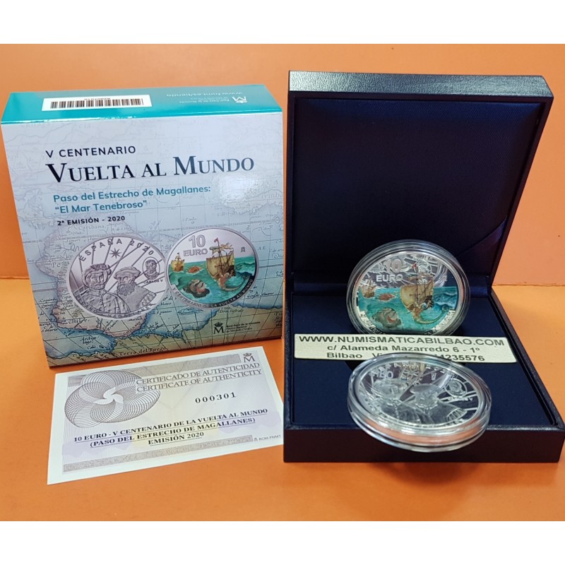 . @RARA@ ESPAÑA 10 EUROS 2020 Serie VUELTA AL MUNDO ESTRECHO DE MAGALLANES @COLOR@ 2ª MONEDA PLATA FNMT