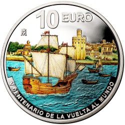 . @RARA@ ESPAÑA 10 EUROS 2022 Serie VUELTA AL MUNDO LLEGADA A SEVILLA @COLOR@ 4ª MONEDA DE PLATA PLATA FNMT