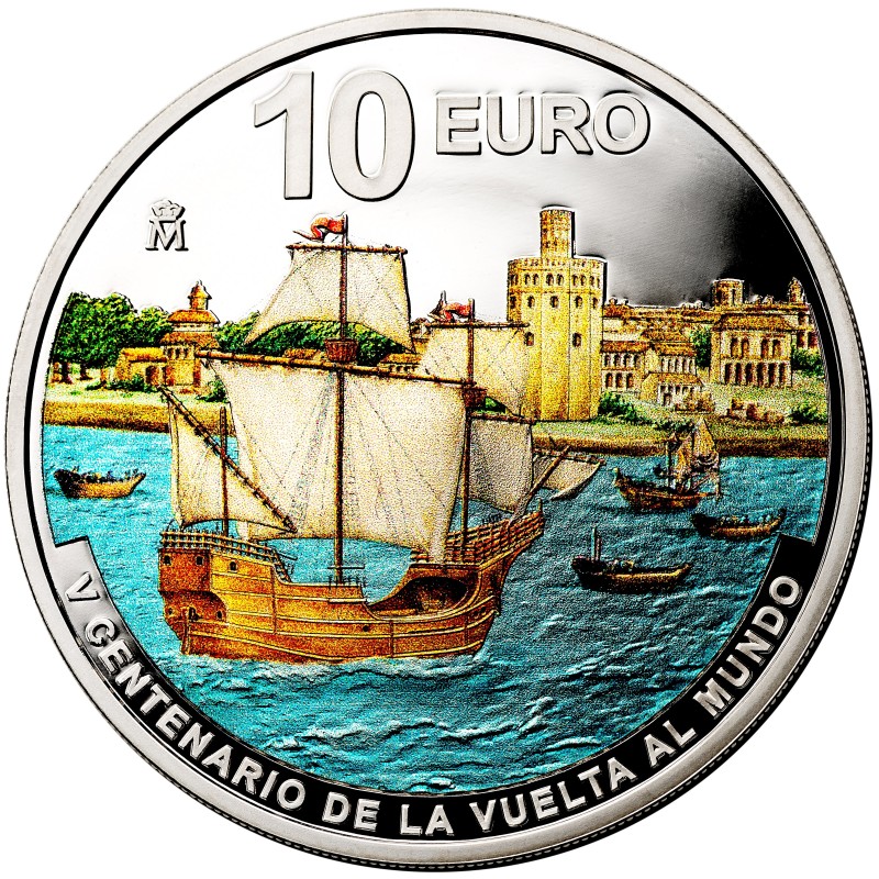 . @RARA@ ESPAÑA 10 EUROS 2022 Serie VUELTA AL MUNDO LLEGADA A SEVILLA @COLOR@ 4ª MONEDA DE PLATA PLATA FNMT