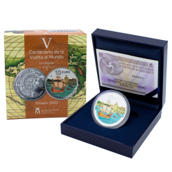 . @RARA@ ESPAÑA 10 EUROS 2022 Serie VUELTA AL MUNDO LLEGADA A SEVILLA @COLOR@ 4ª MONEDA DE PLATA PLATA FNMT