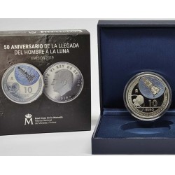 . 1 aaaaaaacoin ESPAÑA 10 EUROS 2019 LLEGADA A LA LUNA NAVE APOLO 50 ANIVERSARIO MONEDA DE PLATA ESTUCHE CERTIFICADO FNMT