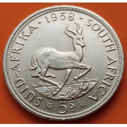 SUDAFRICA 5 SHILLINGS 1958 ANTILOPE y REINA ISABEL II KM.52 MONEDA DE PLATA MBC+ South Africa 0,45 ONZAS