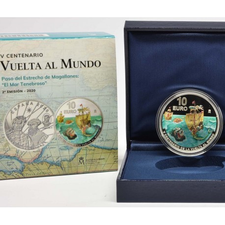 . @RARA@ ESPAÑA 10 EUROS 2020 Serie VUELTA AL MUNDO ESTRECHO DE MAGALLANES @COLOR@ 2ª MONEDA PLATA FNMT