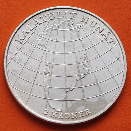. @RARA@ GROENLANDIA Territorio de DINAMARCA 2 KRONER 1953 MAPA y MONARCAS KM.844 MONEDA DE PLATA Denmark