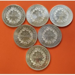 . 6 Monedas x FRANCIA 50 FRANCOS 1974 1975 1976 1977 1978 1979 HERCULES KM.941.1 PLATA EBC/SC silver 5,22 Onzas
