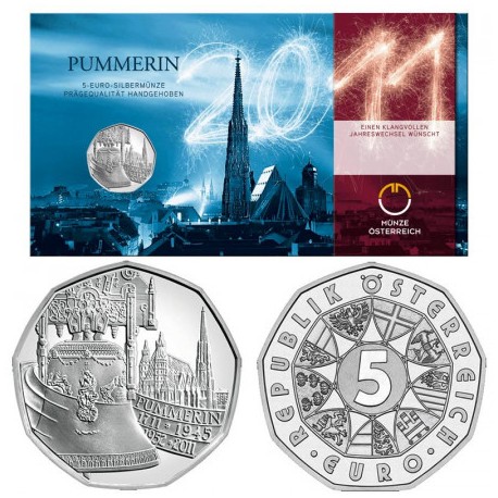 . @RARA@ AUSTRIA 5 EUROS 2011 CAMPANA PUMMERIN Bell KM.3195 MONEDA DE PLATA SC Österreich silver coin BLISTER
