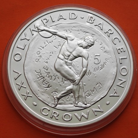 . @Tirada 999 - 5 ONZAS@ GIBRALTAR 5 CROWN 1991 DISCÓBOLO OLIMPIADA BARCELONA 92 KM.XXX MONEDA DE PLATA CÁPSULA