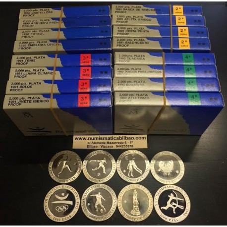 . 13 ONZAS DE PLATA PURA x España 2000 PESETAS 1990+1991+1992 OLIMPIADA DE BARCELONA PROOF ESTUCHE FNMT 16 monedas