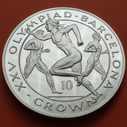 . @Tirada 999 - 10 ONZAS@ GIBRALTAR 10 CROWN 1991 CORREDORES OLIMPIADA BARCELONA 92 KM.107 MONEDA DE PLATA CÁPSULA