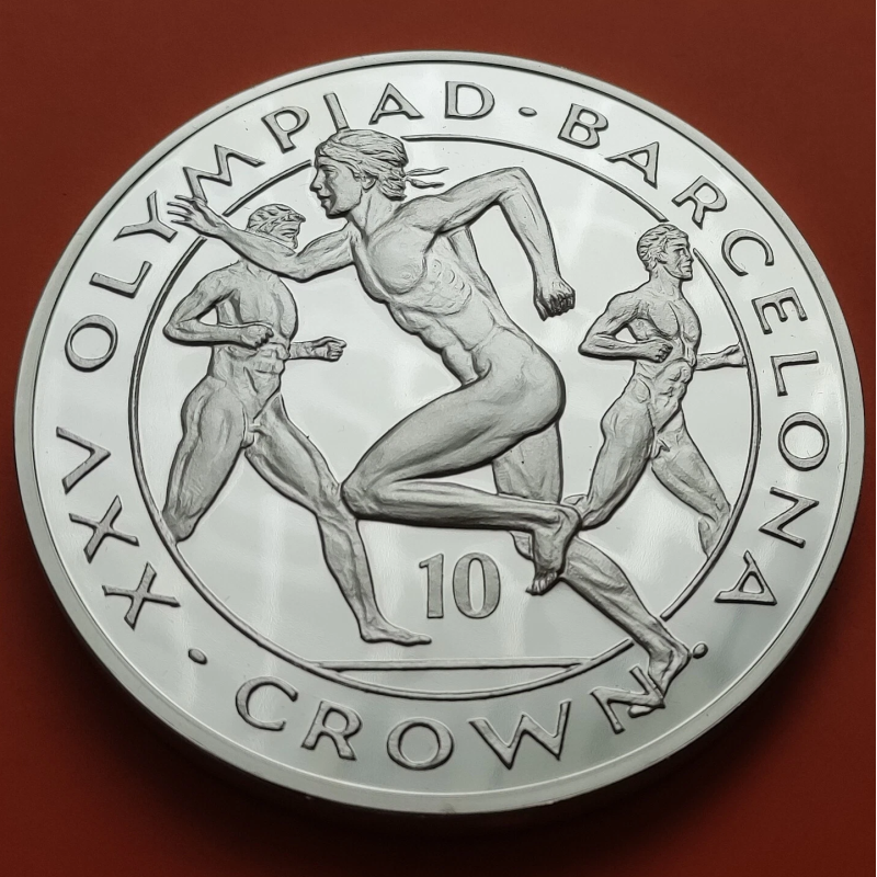. @Tirada 999 - 10 ONZAS@ GIBRALTAR 10 CROWN 1991 CORREDORES OLIMPIADA BARCELONA 92 KM.107 MONEDA DE PLATA CÁPSULA