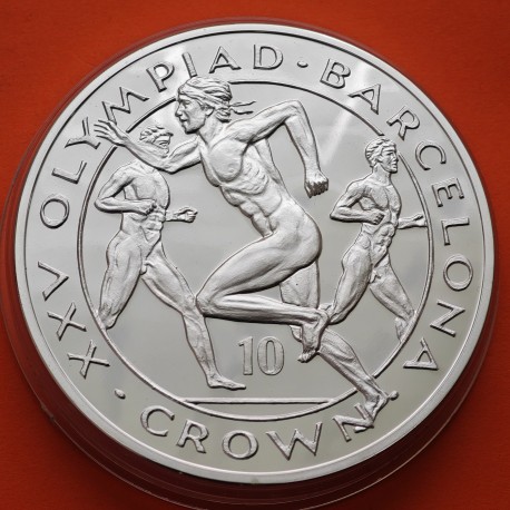 . @Tirada 999 - 10 ONZAS@ GIBRALTAR 10 CROWN 1991 CORREDORES OLIMPIADA BARCELONA 92 KM.107 MONEDA DE PLATA CÁPSULA