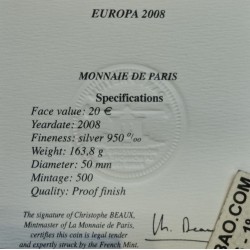 . Tirada 497 Monedas x FRANCIA 20 EUROS 2008 EUROPA - SEMEUSE MONEDA DE PLATA PROOF France Monnaie 5 ONZAS