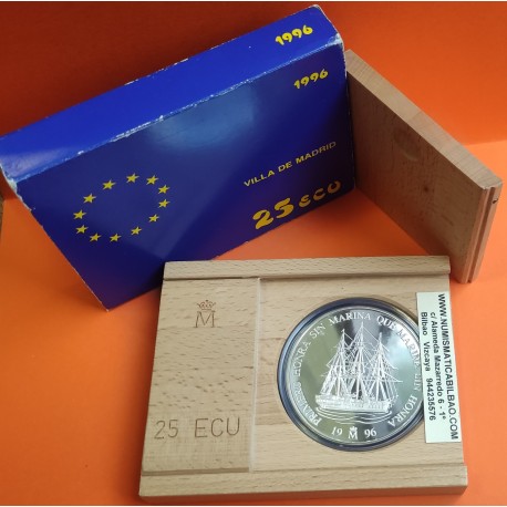 ESPAÑA 25 ECU 1996 HOMENAJE A LA MARINA ESPAÑOLA BARCOS MONEDA DE PLATA ESTUCHE 25 ECUS 1996 OZ Cincuentín 5 ONZAS