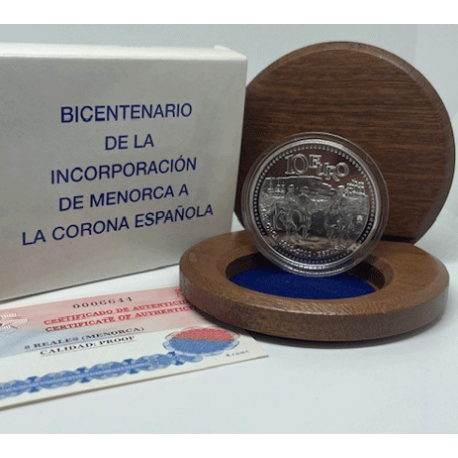 ESPAÑA 10 EUROS 2002 BICENTENARIO DE LA INCORPORACION DE MENORCA A LA CORONA ESPAÑOLA MONEDA DE PLATA ESTUCHE y CERTIFICADO FNMT