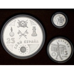 . @6,20 ONZAS + Cápsulas@ ESPAÑA 1 EURO 1998 + 5 EUROS 1998 + 25 EUROS 1998 HOMENAJE AL EJERCITO ESPAÑOL PLATA FNMT