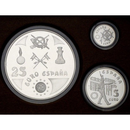. @6,20 ONZAS + CÁPSULAS@ ESPAÑA 1 EURO 1998 + 5 EUROS 1998 + 25 EUROS 1998 HOMENAJE AL EJERCITO ESPAÑOL PLATA FNMT